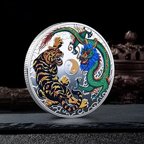 דרקון נלחם עם מדליית דפוס נמר עתיק מיתוסים עתיקים אגדות מצופים זהב מטבעות זיכרון טאי צ'י מביאים לך מזל טוב