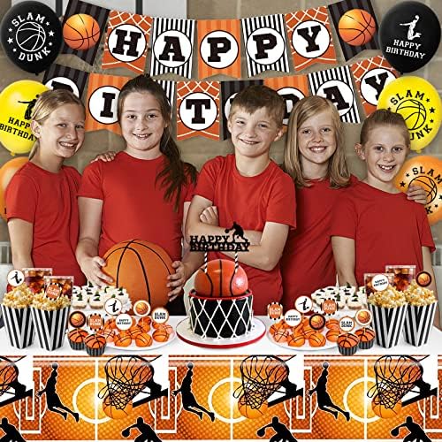 קישוטי מסיבת כדורסל מיוקאט, קישוטי יום הולדת כדורסל מכילים באנר יום הולדת ובלוני כדורסל, עוגת טופרים,