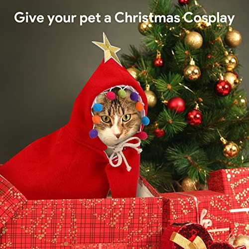 Lewondr כלב חתול גלימת תלבושות לחג המולד עם מסיבת כוכב ופומפום לבגדי חיית מחמד לבוש בגדים לחיית