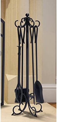 כלים של אח שחורה מוגדרים עם מלקחיים פוקר מברשת חפירה, ברזל יצוק כבד 5 חלקים ערכת אביזרים תנור לחיצוניות