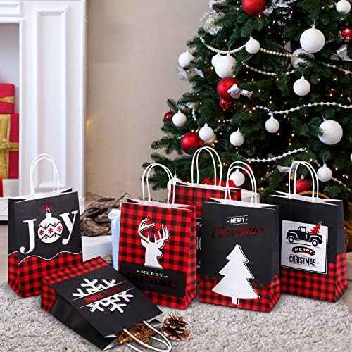 אנקו 24 חתיכות חג המולד ברונזינג קראפט מתנת שקיות אדום ושחור באפלו משובץ נייר שקיות ב 6 עיצובים חג המולד הווה