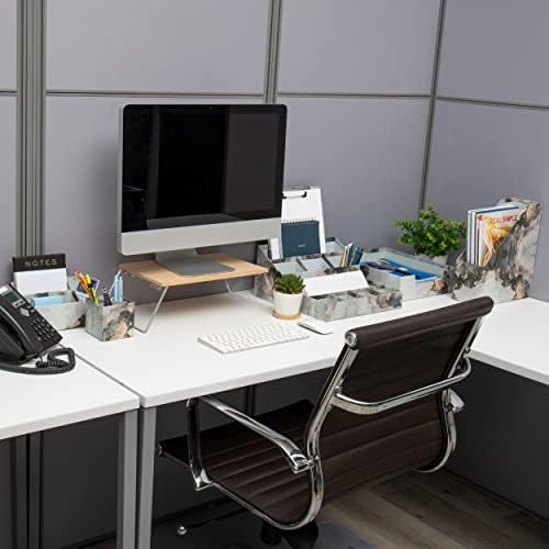 מארגן שולחן העבודה של מייסון סוקסה כולל כוס עט, סל 3, 4, 5 תאים, קובץ מגזין, לוח ומגש נייר, עיצוב שיש אפור