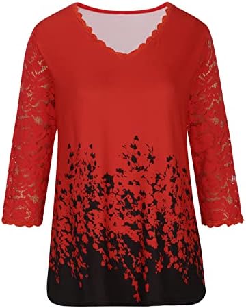 חולצת טשטוס עליונה אדומה לבנות סתיו קיץ 3/4 בגדי שרוול טרנדי V צוואר תחרה גרפי קפרי עליון YP YP XL