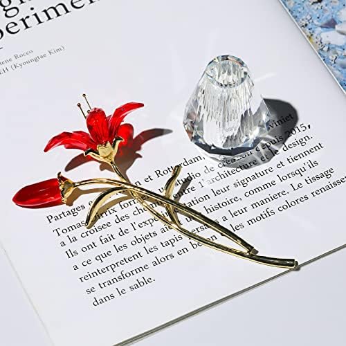 פרח שושן נמר קריסטל עם אגרטל גזע מתכת שושן אדום פרח אספנות מתנות לאמא, פסלונים מלאכותיים של
