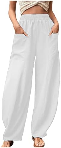 שני פשתן מכנסיים נשים 2023 קיץ מזדמן מוצק צבע אלסטי גבוהה מותן בוהו מכנסיים להירגע מתאים בבאגי מכנסיים קומפי