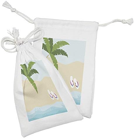 ערכת כיס חוף גרפית של אמבסון סט של 2, קריקטורה קיץ של עץ דקל וכפכפים על הדפס חוף אוקיינוס ​​חולי, תיק משיכה קטן
