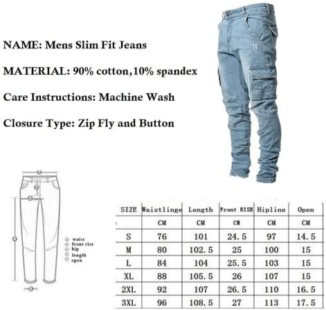 גברים דקים בג'ינס צד 7 כיסים מזדמנים היפ הופ מתיחה מכנסי עפרון ג'ינס רזה
