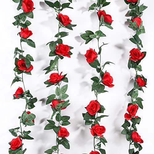Miracliy 4 חבילות אדומות גפני ורדים אדומים פרחים מלאכותיים ירק זרי פרחים אדומים לתפאורה בית חתונה