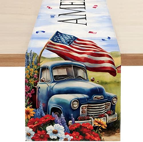 סמבוסק 4 ביולי רץ לשולחן משאיות, פטריוטי דגל ארה 'ב פרחוני יום העצמאות רצי שולחן יום הזיכרון למטבח אוכל קפה