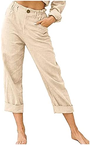 מכנסי פשתן כותנה של Balakie Womens כפתור מטה מכנסי מותניים אלסטיים קפלים מכנסיים מזדמנים עם כיסים.