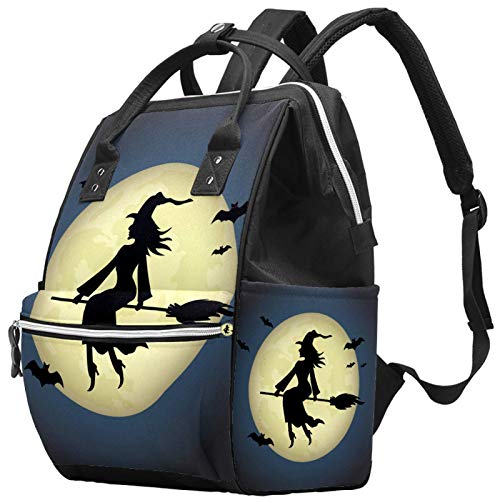 מכשפה מכשפה רוכבת על מטאטא דרך ירח מלא עם עטלפים מעופפים תיק חיתולים טיולים תיקי אמא תרמיל תרמיל חיתול יכולת