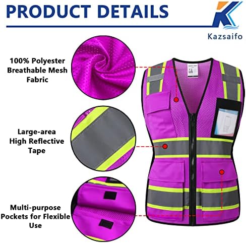 Kazsaifo ראות גבוהה אפוד בטיחות רפלקטיבי לנשים עם 8 כיסים ורוכס