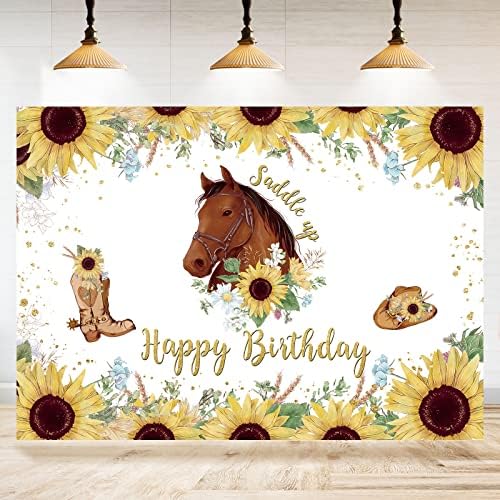 בוקרות סוס יום הולדת רקע אוכף חמניות מערבי סוס אתחול כובע זהב נקודות צילום רקע יום הולדת שמח נושא