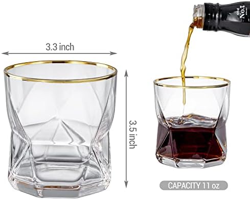 סט מיגיפט של 4 כוסות וויסקי ישנות מזכוכית שקופה עם עיצוב צורה גיאומטרית מנסרתית ושפת זהב-11 עוז