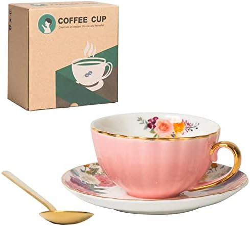 כוס תה ורוד צלוחית, כוסות תה וצלוחיות סט קפה חרסינה כוס קפה מלכותית קרמיקה פרחונית מרופדת, 8 גרם כוס בריטית