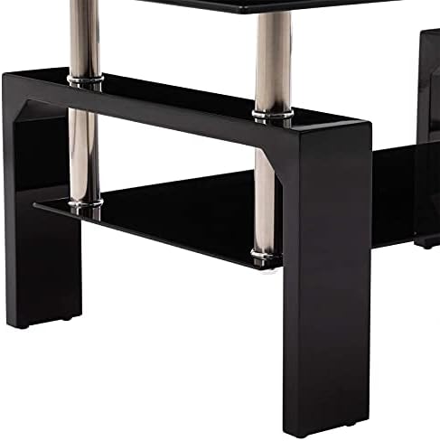 סלון מלבן זכוכית קפה שולחן, מודרני סלון שולחן עם מדף תחתון, שחור מזג זכוכית למעלה עם שחור צבע עץ