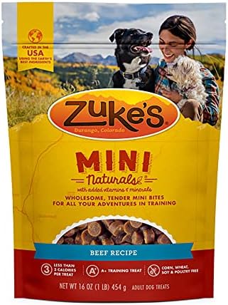 Mini Naturals של Zuke פינוקים למבוגרים, מתכון בקר עם ויטמינים ומינרלים נוספים, פינוק אילוף