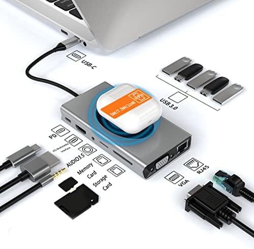 רכזת USB, 13 ב 1 4K 30Hz סוג C ל- HDMI VGA 5 USB3.0 כרטיס אחסון כרטיס זיכרון RJ45 PD AUDIO3.5 טעינה אלחוטית