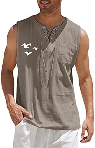 XXBR Mens כותנה פשתן גופיות חולצות ללא שרוולים שרוך v הצוואר הדפס גרפי מזדמן כושר נינוח כושר חוף היפי