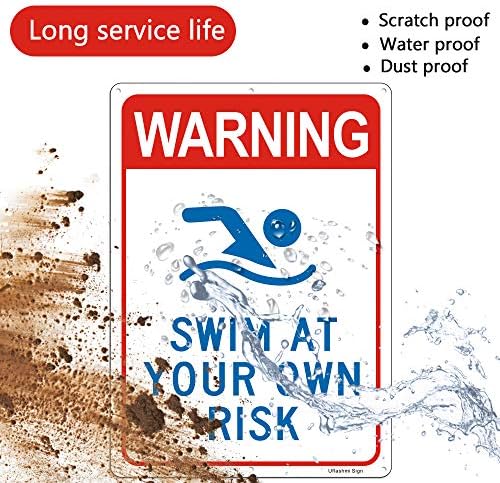 Uflashmi אזהרת שחייה בשלט בריכת הסיכון שלך, שלטי בריכה מתכתיים לחיצוניות, 10x14 ב