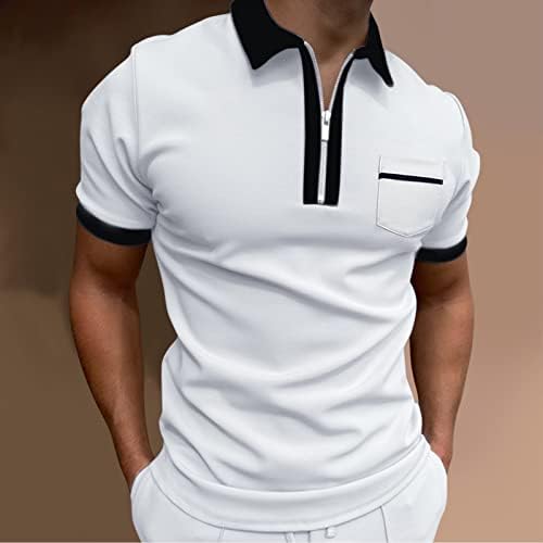 חולצות פולו מזדמנות של XXBR לגברים רוכסן צוואר שרוול קצר צמרות גולף גולף קיץ בלוק טלאים חולצה עם כיס קדמי