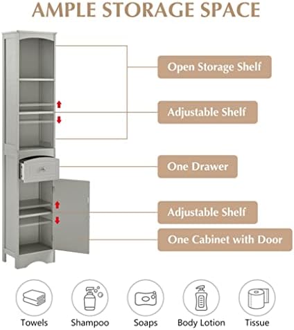 GXBPY אחסון בודד ארון אמבטיה עם מגירות לוח MDF מדפים מתכווננים ארון אמבטיה גבוה אפור