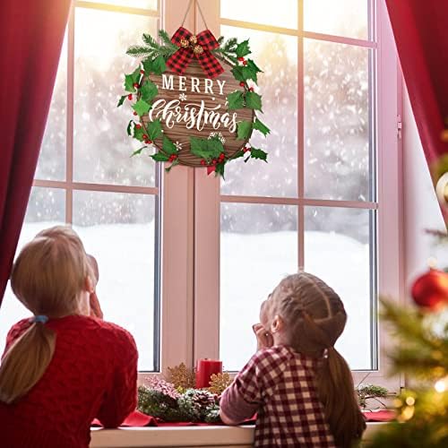 שלט חג מולד שמח עיצוב דלת כניסה יצירתי שלט עץ חג מולד עם זרי קשת ועלים הולי עלים קישוטי דלתות שלט