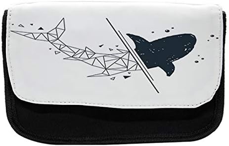 מארז עיפרון כריש לוני, אמנות כריש מצולע גיאומטרי, תיק עיפרון עט בד עם רוכסן כפול, 8.5 x 5.5, אפור