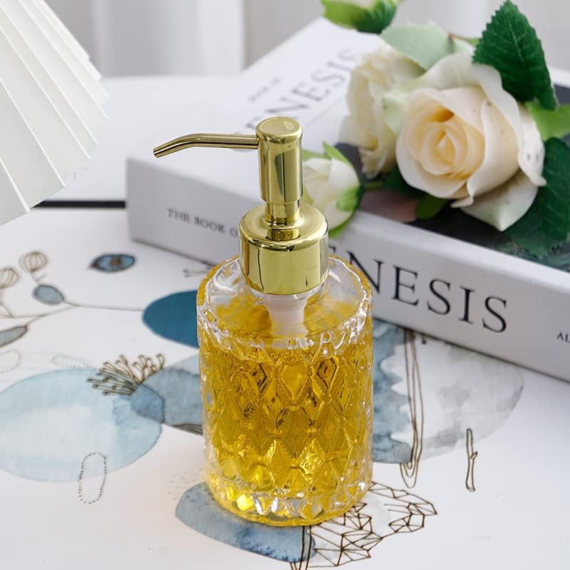 מתקן סבון נירוסטה אלגנטי מצופה זהב עם בקבוק זכוכית עבה, קישוט אמבטיה בסגנון אירופאי.