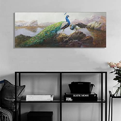 בד ציור קיר אמנות טווס איור 3 ד יד מצוירת יצירות אמנות כחול לבן זוג טווס ציור, מצויר ביד, בית סלון חדר