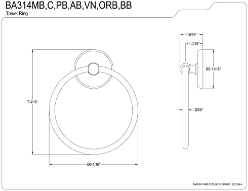 פליז קינגסטון BA314MB טבעת מגבות קלאסית, מט שחור