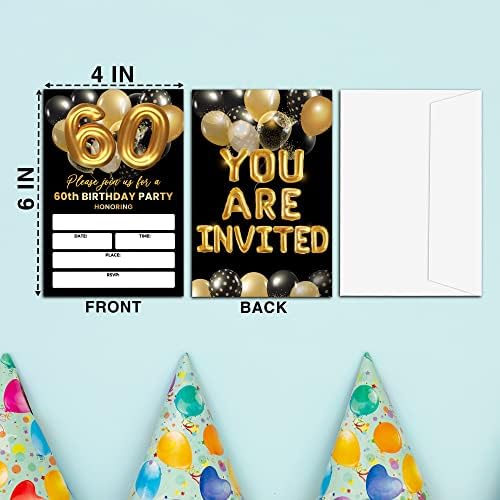 כרטיסי הזמנות למסיבת יום הולדת 60, הזמנת יום הולדת למבוגרים בשחור וזהב, הזמנת מילוי בלון זהב דו צדדי מזמין