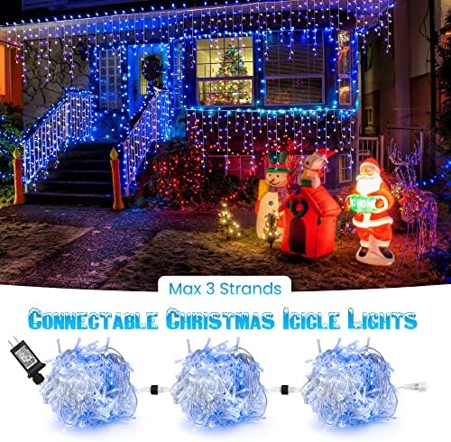 אורות קרחון לחג המולד לבן וכחול, 29.5ft 360 אורות ICicle LED, 8 מצבים, 60 טיפות, וילון חלון LED אורות
