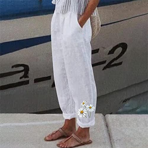 נשים של נמתח רחב רגל פאלאצו מכנסיים דייזי הדפסת כותנה פשתן רופף זורם קרסול קפריס מכנסיים עם כיסים