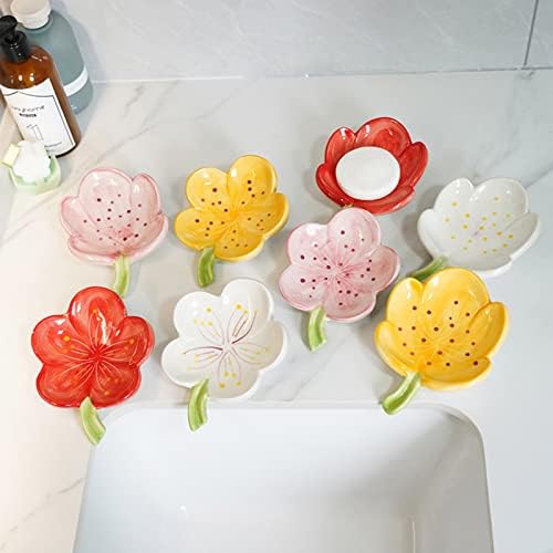 PEVTN 4PCS צורת פרחים סבון צלחת עצמית חמודה מחזיק סבון קרמיקה, צלחת סבון קרמיקה, מגש מחזיק סבון בר סבון