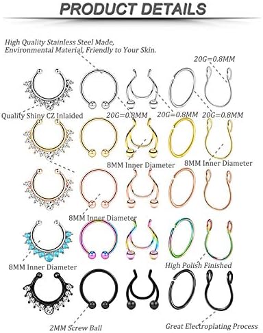יובורו 25 יחידות נירוסטה מזויף האף טבעת חישוק לגברים נשים פו שפתיים אוזן מחץ טבעת ללא פירסינג