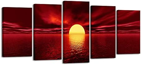 אדום שמש גדול מודרני 5 פנלים נוף ימי ים ז ' יקלה ציורי הדפסי בד קיר אמנות גלריה עטוף די אוקיינוס