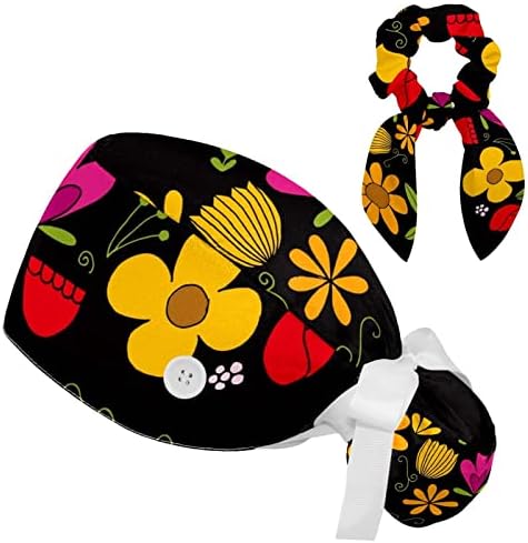 טרופי שחור פרחוני פרח עבודה כובע עם כפתורים, ארוך שיער לשפשף כובע עם קשת שיער פצפוץ קוקו מחזיק