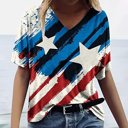 דגל אמריקאי חולצות פטריוטיות לנשים יום העצמאות 2023 חולצת חג נגד צוואר גדול בגודל 4 ביולי טוניקה צמרת טוניקה