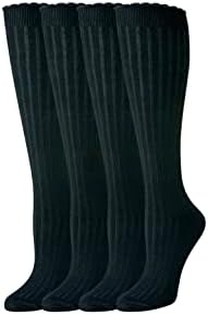 אמזון יסודות נשים מקרית כותנה צלעות צדפות למעלה הברך גבוהה גרביים, 4 זוגות, שחור, 6-9