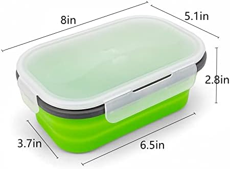 קופסת בנטו של סיליקון כיתה ירוקה סיליקון קופסת בנטו, מיכלי אחסון מזון מתקפלים עם מכסים אטומים ומזלג 2in1,