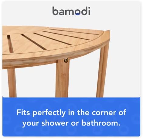 שרפרף פינת במבוק של Bamodi עם מדף אחסון למקלחת פנימית - ספסל אמבטיה מעץ לרגלי גילוח - מארגן אחסון