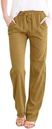 מכנסי פשתן נשים Kcjgikpok, מכנסי פשתן מזדמנים עם רגל גבוהה עם רגל ישרה עם מכנסי פשתן עם כיסים עם חותלות