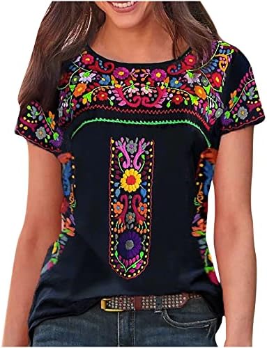 מקסיקני קצר שרוול טי חולצות לנשים בציר פרחוני הדפסת רופף קיץ חולצות מערבי אתני סגנון בוהו חולצות