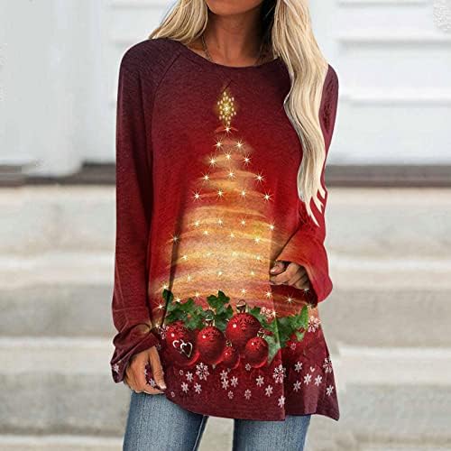 חולצת טריקו לחג המולד שמח לנשים עץ הדפס עץ צווארון טש חולצות שרוול ארוך מזדמן