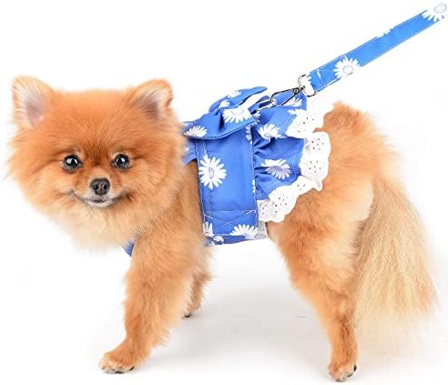 כלב שמלה ורצועה סט תלבושות פרחוני קשת חתולים שמלה קיצית עבור חיות מחמד קטנות בנות רך גור בגדים, אור כחול,