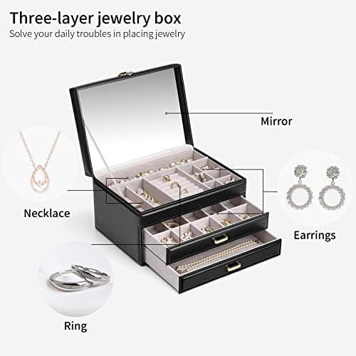 קופסת תכשיטים של Vlando 3 שכבות לנשים נערות - ארגון תכשיטים קופסה עם מראה - קופסת אחסון תכשיטים עם