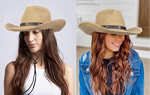 קש קאובוי בוקרת כובע לגברים נשים רחב שולי שמש כובע מערבי סגנון עם מחרוזת