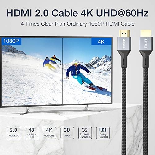 Leirui 4K HDMI כבל 3.3ft, 18 ג'יגה -ביט לשנייה במהירות HDMI 2.0 כבל, 4K@60Hz HDR, 2K, 1080p, HDCP 2.2/1.4