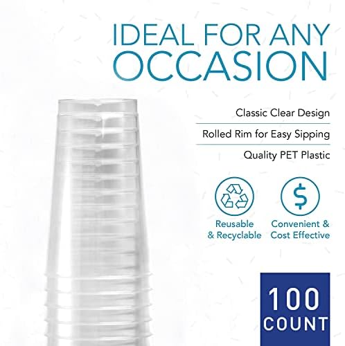 טברי 100 חבילה ברור פלסטיק כוסות מסיבת משקפיים, 16 עוז חד פעמי כוסות פלסטיק כוסות, אלגנטי מסיבת